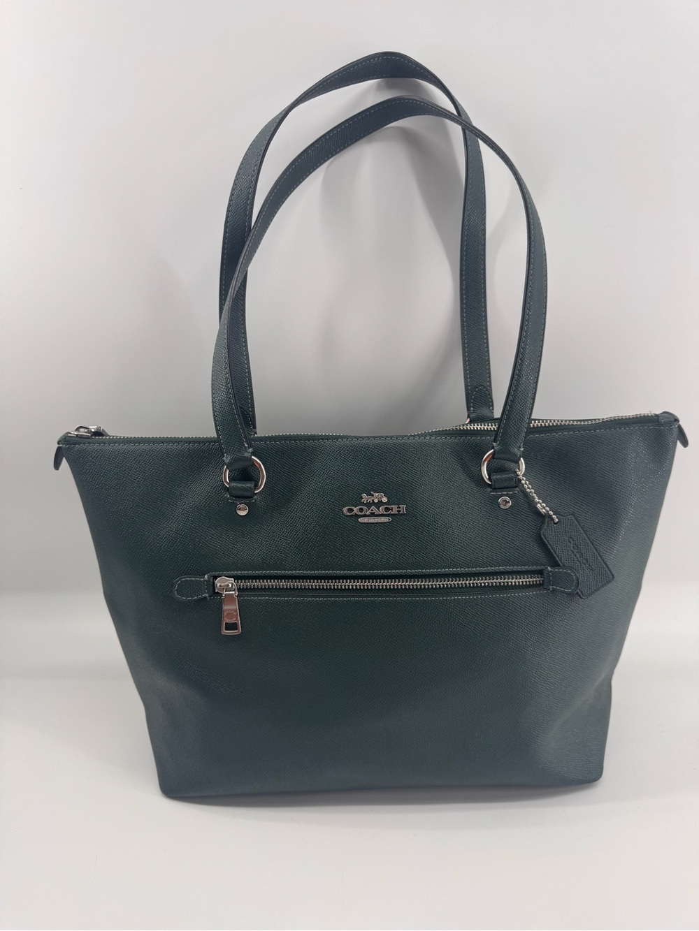 Coach Dark Green Leather Tote with Silver Hardware